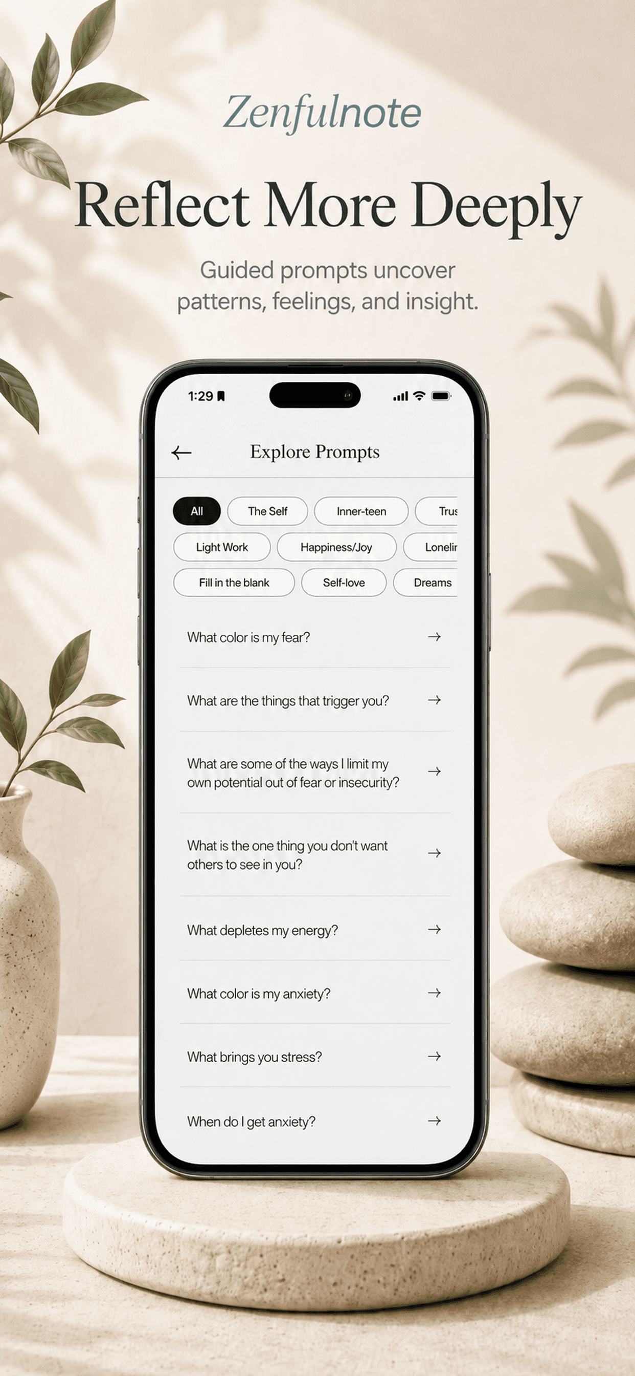 ZenfulNote guided prompt screen with reflection questions.